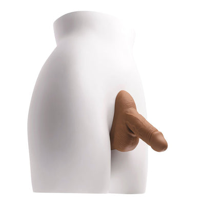 White mannequin torso wearing a realistic brown silicone stand-to-pee funnel with lifelike texture.