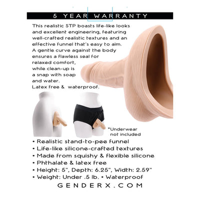 Realistic silicone stand-to-pee funnel with life-like textures shown on mannequin, waterproof and flexible design.