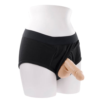 Mannequin wearing black underwear with a realistic silicone stand-to-pee funnel attached.