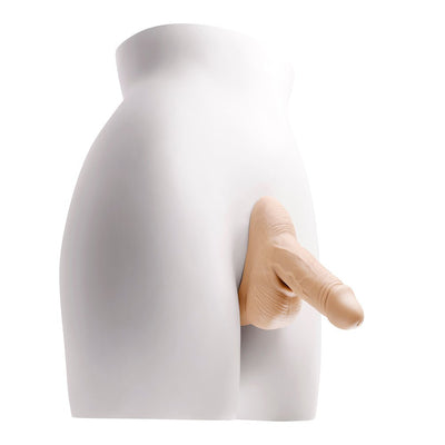 Flexible silicone stand-to-pee funnel attached to a white mannequin torso, designed for realistic texture and comfort.