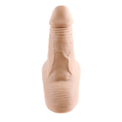 Realistic silicone stand-to-pee funnel with life-like texture and flexible design in a natural skin tone.