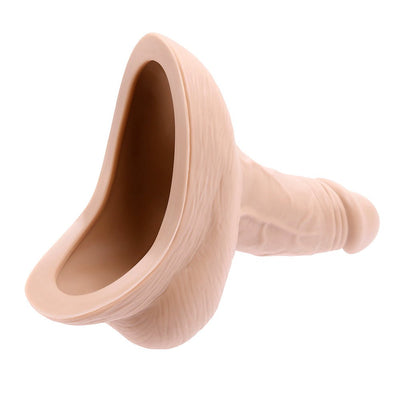 Realistic silicone stand-to-pee funnel with lifelike texture and flexible design for comfortable use and easy cleaning.