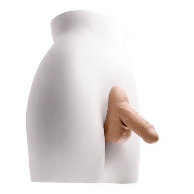Realistic silicone stand-to-pee funnel attached to a white mannequin torso for gender affirmation use.