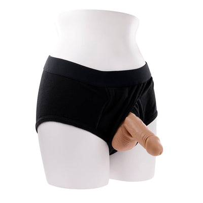Mannequin wearing black underwear with a realistic silicone stand-to-pee funnel attached.