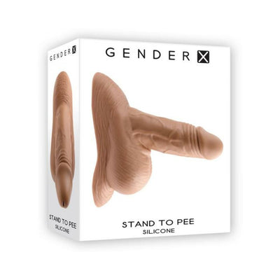 Packaging box for Gender X Stand To Pee silicone funnel with realistic skin tone and texture illustration.