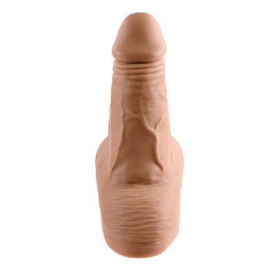 Realistic silicone stand-to-pee funnel in natural skin tone with detailed texture and flexible design.