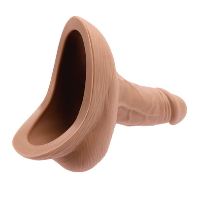Realistic silicone stand-to-pee funnel with life-like textures and flexible design in natural skin tone.