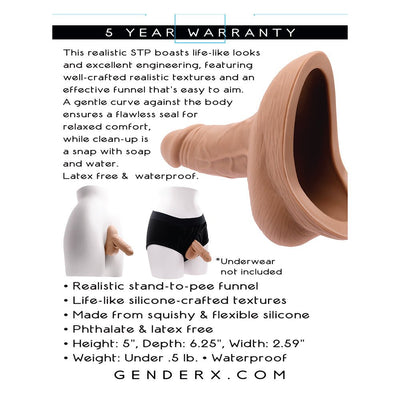 Realistic silicone stand-to-pee funnel with life-like textures, flexible and waterproof, shown on mannequin with and without underwear.
