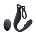 Black rechargeable silicone vibrating C-ring with remote control by Gender X, featuring dual motors and flexible design.
