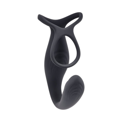 Black rechargeable silicone vibrating C-ring with dual loops and textured curved shaft, designed for versatile use.