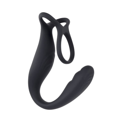 Black rechargeable silicone vibrating C-ring with dual loops and textured design, shown on white background.