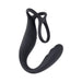 Black rechargeable silicone vibrating C-ring with dual loops and textured design, shown on white background.