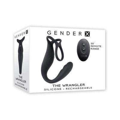 Packaging of Gender X The Wrangler rechargeable black silicone vibrating C-ring with remote control shown on white background.
