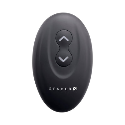 Black oval Gender X remote control with up and down arrow buttons for vibrating c-ring toy.
