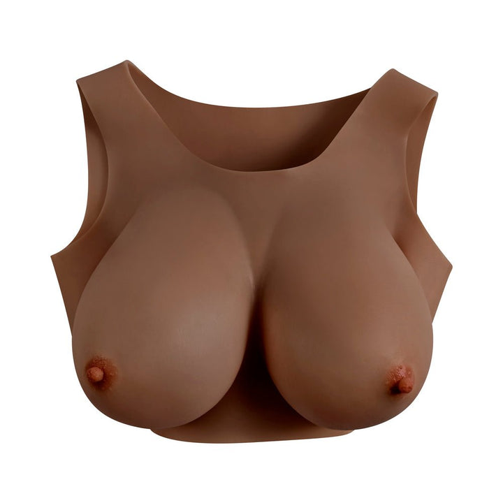 Realistic silicone E-cup breastplate in medium brown with natural shape and nipple details, designed as a wearable vest.