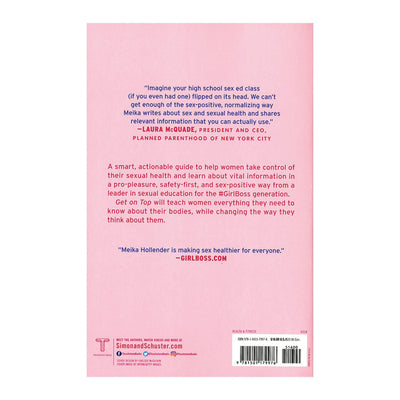 Back cover of Get on Top of Your Pleasure, Sexuality & Wellness book with endorsements and summary on a pink background.