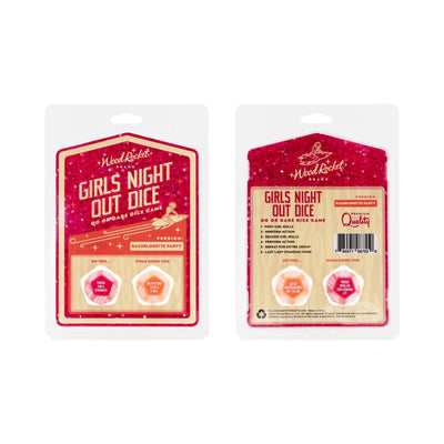 Girls Night Out Dice bachelorette party game packaging showing two 12-sided dice with fun do or dare prompts.
