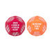 Two large 12-sided dice in red and orange with playful bachelorette party dares printed on each face.