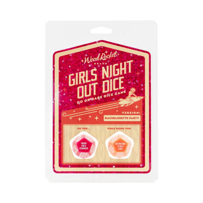 Girls Night Out Dice bachelorette party game in red and orange packaging with two 12-sided dice visible through clear plastic.