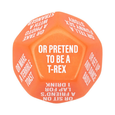 Orange 12-sided dice with white text featuring fun bachelorette party dares like "Pretend to be a T-Rex" and "Make a terrible toast."