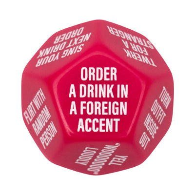 Red 12-sided dice with white text featuring fun bachelorette party dares like "Order a drink in a foreign accent."