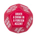 Red 12-sided dice with white text featuring fun bachelorette party dares like "Order a drink in a foreign accent."