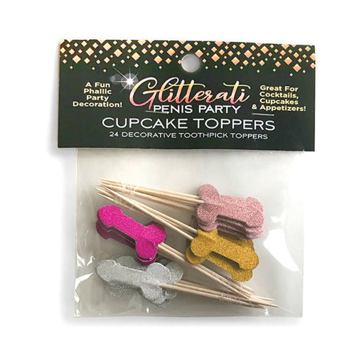 Pack of 24 glittery phallic-shaped decorative toothpick toppers in pink, gold, silver, and bronze for party cupcakes and appetizers.