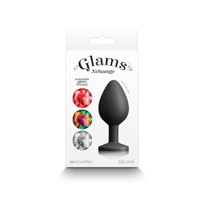 Packaging of Glams Xchange Round Medium black silicone accessory with three interchangeable colorful gem tops shown.