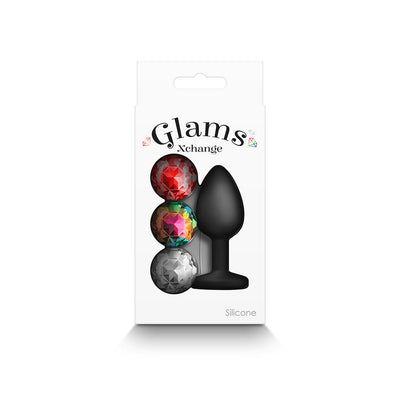 Glams Xchange Round Small black silicone accessory with three interchangeable colorful gem tops in retail packaging.
