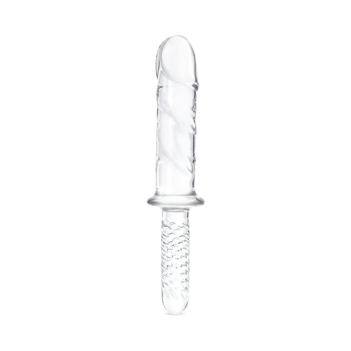 Clear 11-inch double-ended glass dildo with textured handle and flared mid-base for grip and safety.