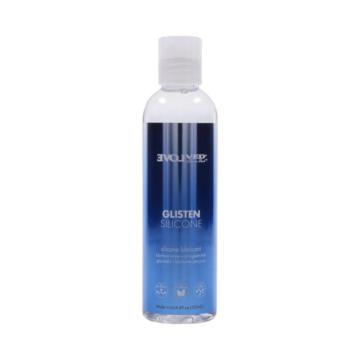 Bottle of Glisten Silicone personal lubricant with blue gradient label and clear flip-top cap, 4oz size.