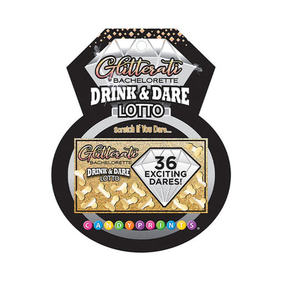 Glitterati Bachelorette Drink & Dare Lotto game packaging with 36 scratch-off dares for party fun.