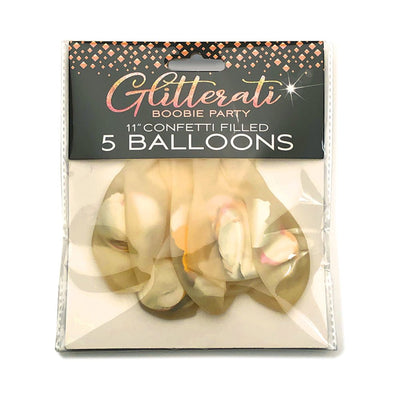 Package of five 11-inch Glitterati confetti-filled balloons for boobie-themed parties with soft glitter design.