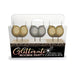 Set of five glittery gold and silver boobie-shaped party candles in clear packaging with black and gold label.