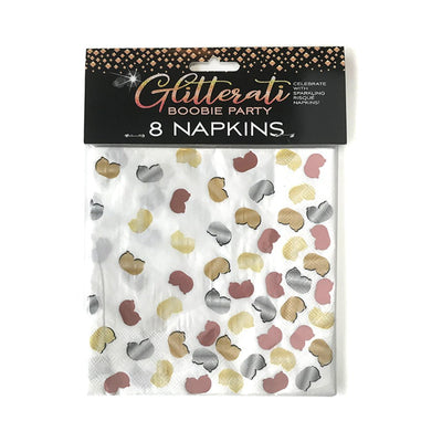 Package of 8 Glitterati Boobie Party napkins with metallic gold, silver, rose gold, and bronze designs on white background.