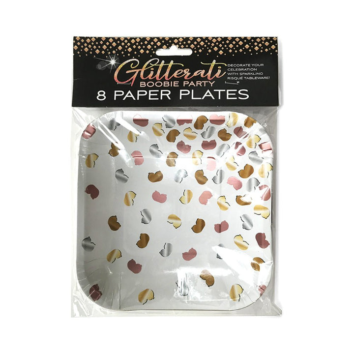 Pack of 8 Glitterati Boobie Party Plates with metallic gold, silver, rose gold, and bronze designs for bachelorette parties.