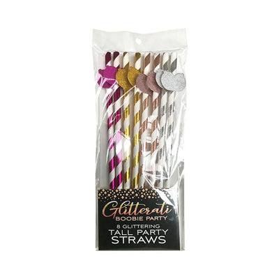 Pack of 8 striped tall party straws with glittery boobie decorations in metallic pink, gold, rose gold, and silver colors.