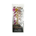 Pack of 8 striped tall party straws with glittery boobie decorations in metallic pink, gold, rose gold, and silver colors.