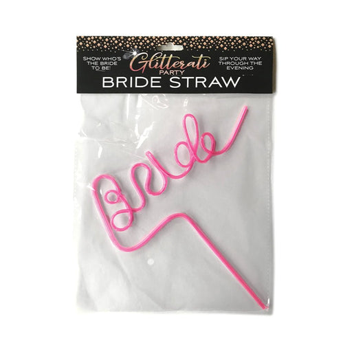 Pink twisty straw spelling "Bride" in clear packaging with Glitterati Party branding for bridal celebrations.