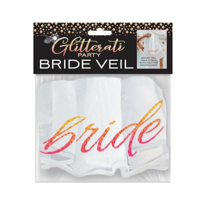 Packaged Glitterati Bride Veil with rose-gold ombre "Bride" script and glitter accents on white tulle veil.