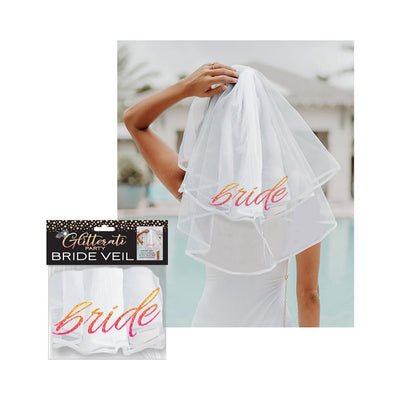 White double-layered tulle bride veil with rose-gold "Bride" lettering, shown worn and in packaging.
