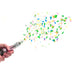 Hand holding a pink glittery confetti popper releasing colorful adult-themed confetti on a white background.