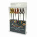 Set of six metallic gold, rose gold, and silver novelty appetizer picks in playful shapes, packaged for party use.