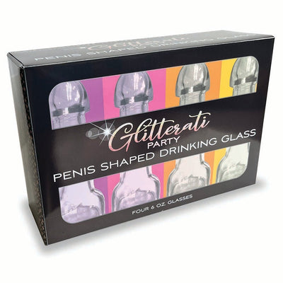 Box of four 6 oz. clear novelty drinking glasses with playful shapes, part of the Glitterati Party collection.