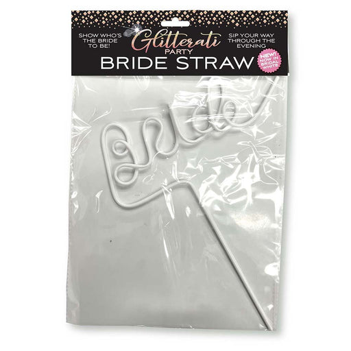 White twisty plastic straw spelling "Bride" in stylish script, packaged for Glitterati party collection.