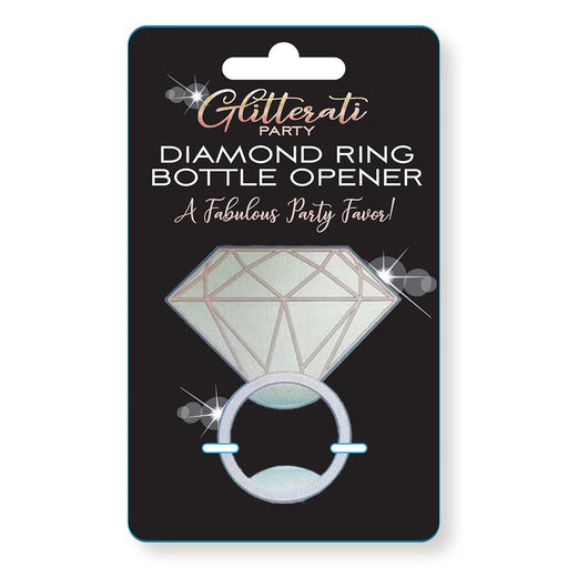 Diamond-shaped ring bottle opener on black Glitterati Party packaging, labeled as a fabulous party favor.