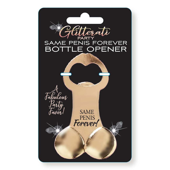 Gold-tone novelty bottle opener shaped with a playful design, packaged on a black card labeled Glitterati Party Same Penis Forever.