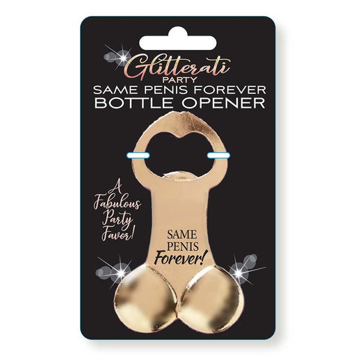 Gold-tone novelty bottle opener shaped with a playful design, packaged on a black card labeled Glitterati Party Same Penis Forever.