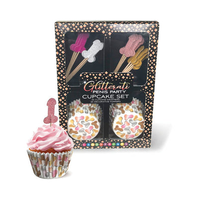 Boxed Glitterati cupcake set with 24 wrappers featuring playful shapes and 24 glittery decorative toppers for adult-themed parties.