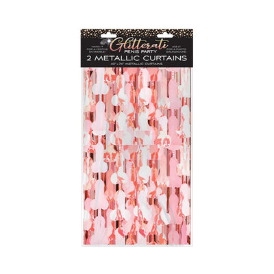 Packaging of Glitterati Penis Party metallic foil curtain set with two pink shimmering curtains for festive decoration.